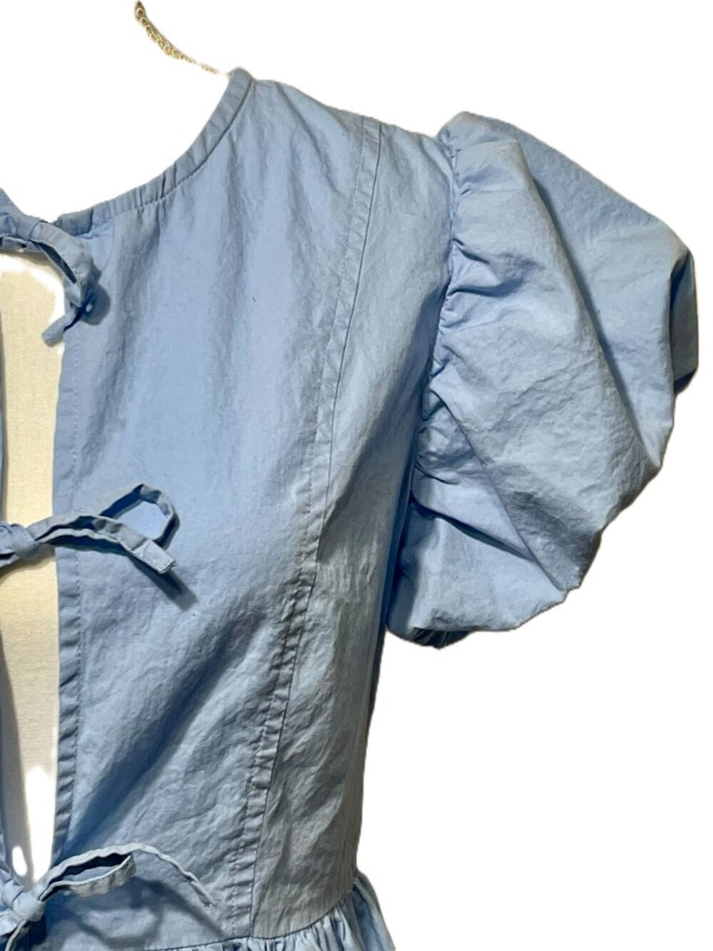 Sim & Sam Light Blue Dress, 100% Cotton, Puff Sleeves, Top Ties into Bowes Sz L - Picture 3 of 11
